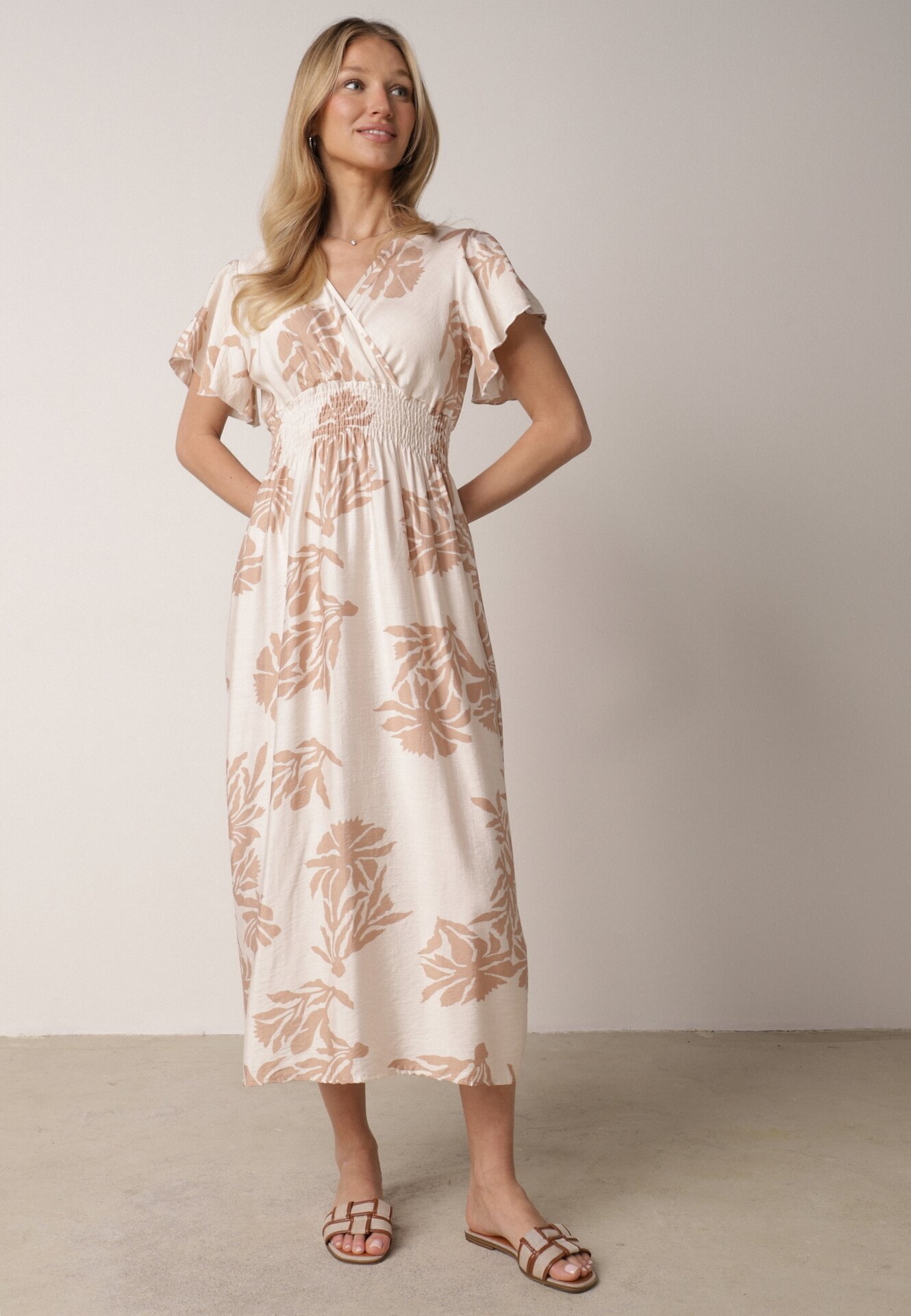 j&x Rochie Bej din Vâscoză cu croi amplu cu decolteu petrecut Morgassa
