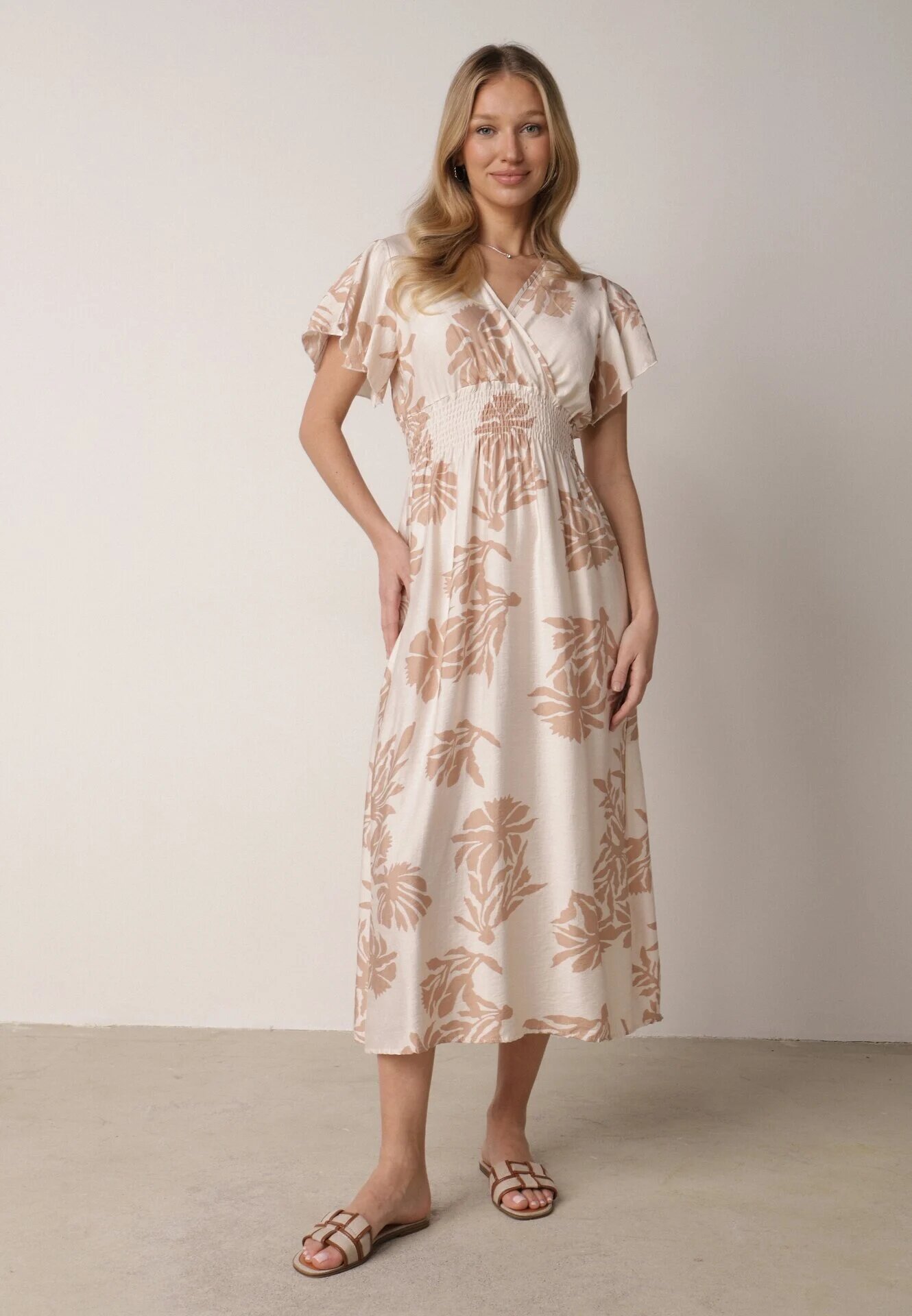 j&x Rochie Bej din Vâscoză cu croi amplu cu decolteu petrecut Morgassa