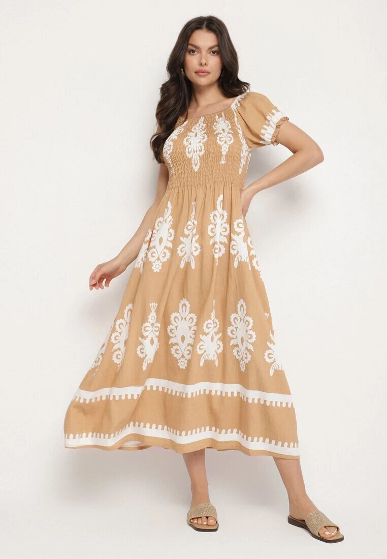 j&x Rochie bej închis cu croială spaniolă Decorată cu model oriental Aravine