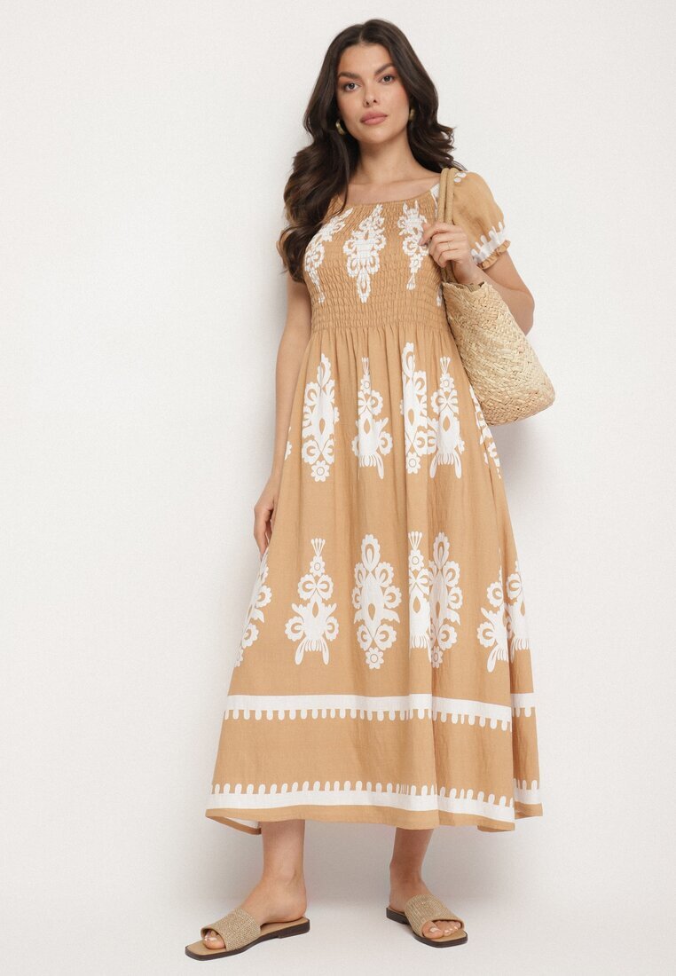 j&x Rochie bej închis cu croială spaniolă Decorată cu model oriental Aravine