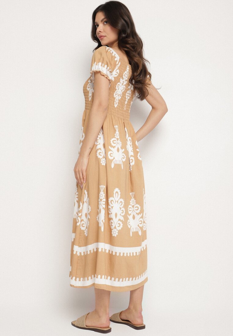 j&x Rochie bej închis cu croială spaniolă Decorată cu model oriental Aravine