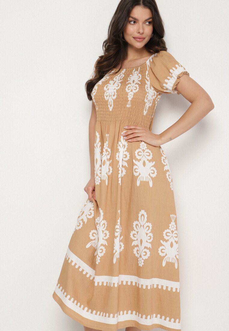 j&x Rochie bej închis cu croială spaniolă Decorată cu model oriental Aravine