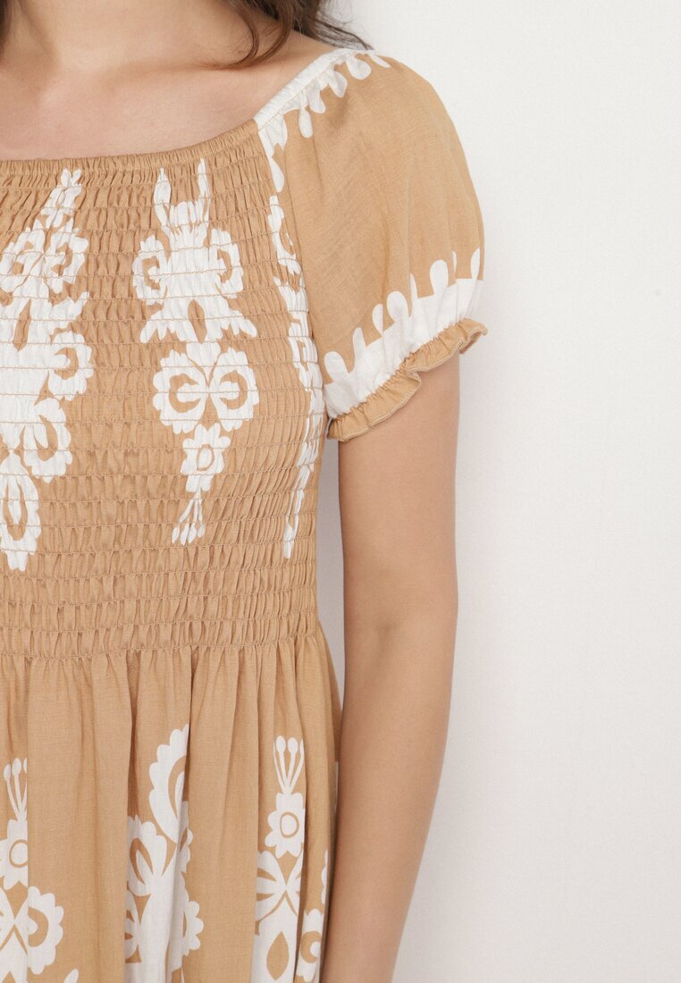 j&x Rochie bej închis cu croială spaniolă Decorată cu model oriental Aravine