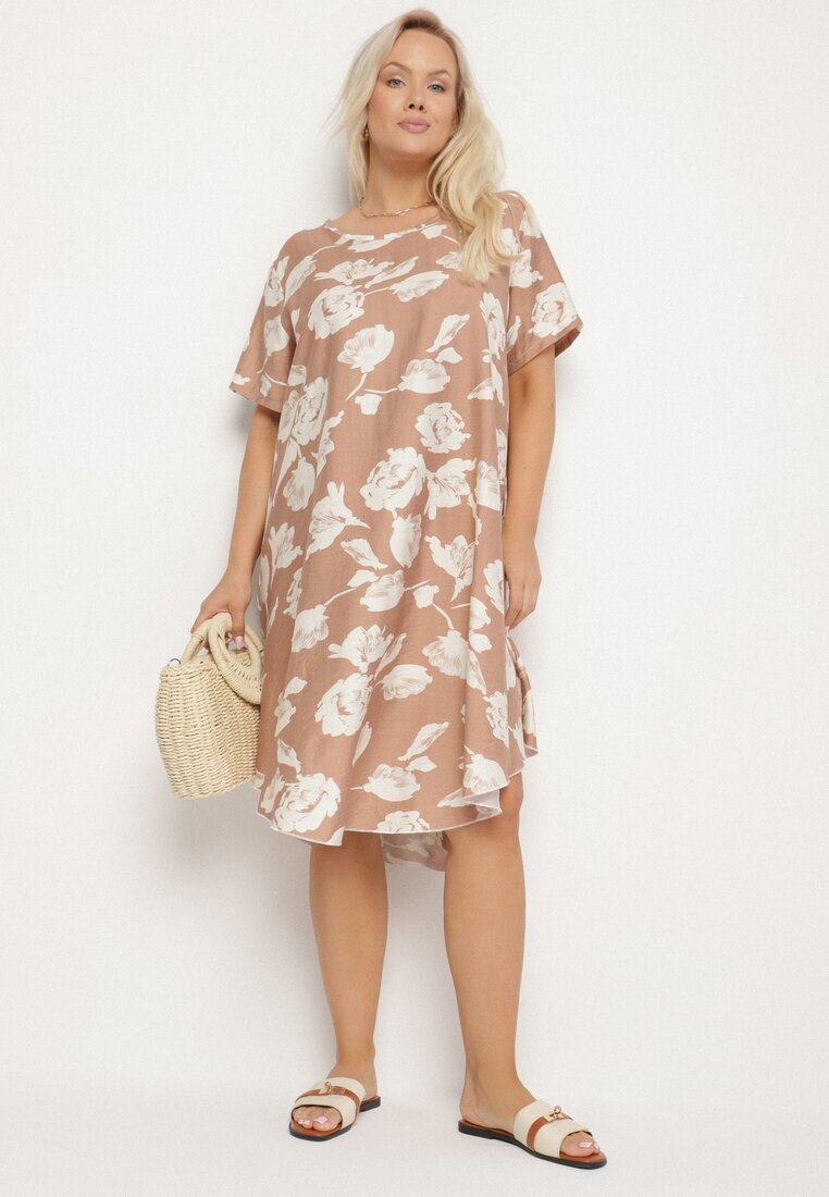 j&x Rochie bej închis dreaptă de viscoză cu imprimeu floral Aranessa