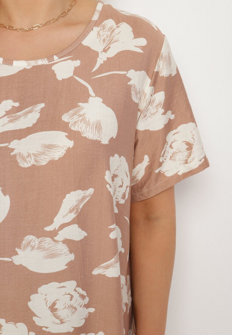 j&x Rochie bej închis dreaptă de viscoză cu imprimeu floral Aranessa