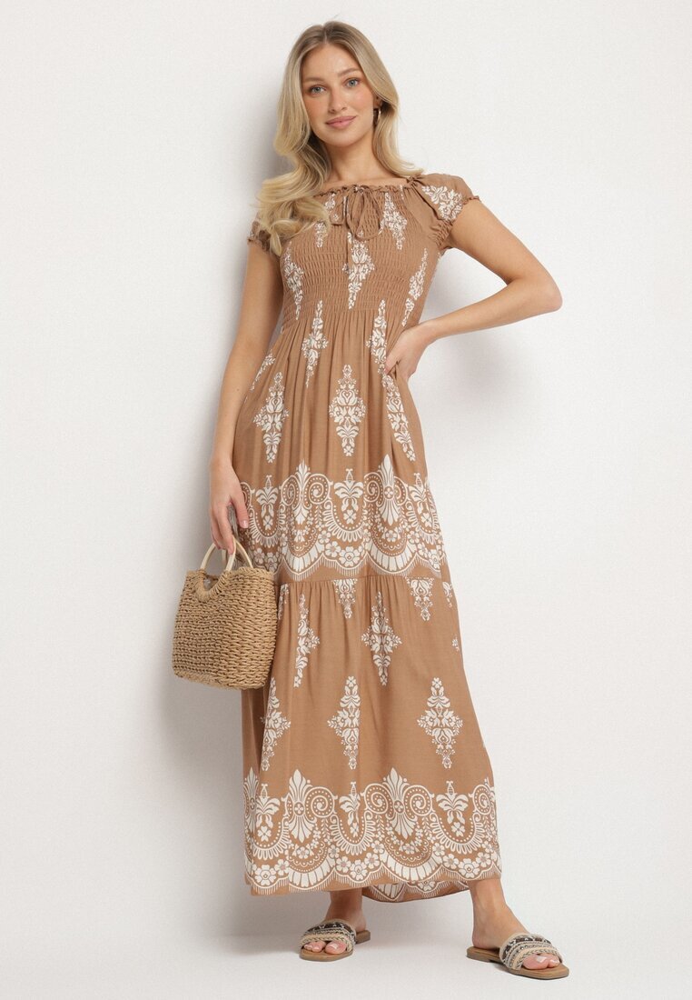 j&x Rochie Bej Închis Vâscoză cu Top Încrețit și Model Boho Ellifae