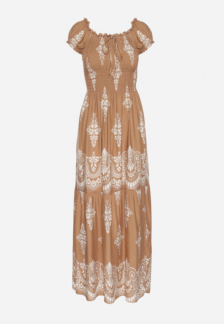 j&x Rochie Bej Închis Vâscoză cu Top Încrețit și Model Boho Ellifae