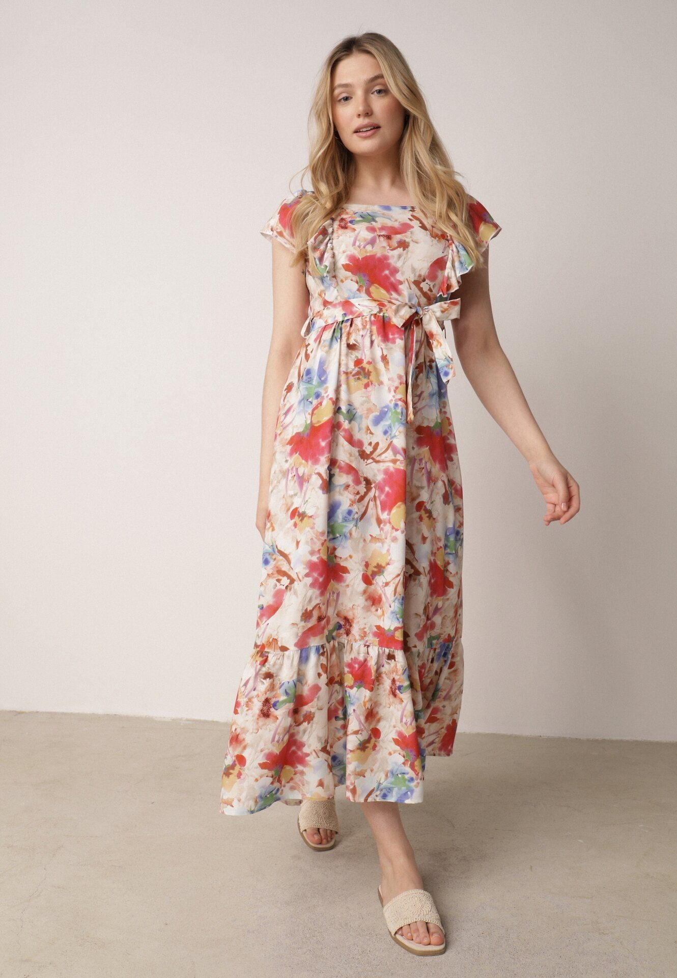 j&x Rochie Bej-Roz Vascoză cu Imprimeu Floral cu Bretele Volan și Centură din Material Moemia