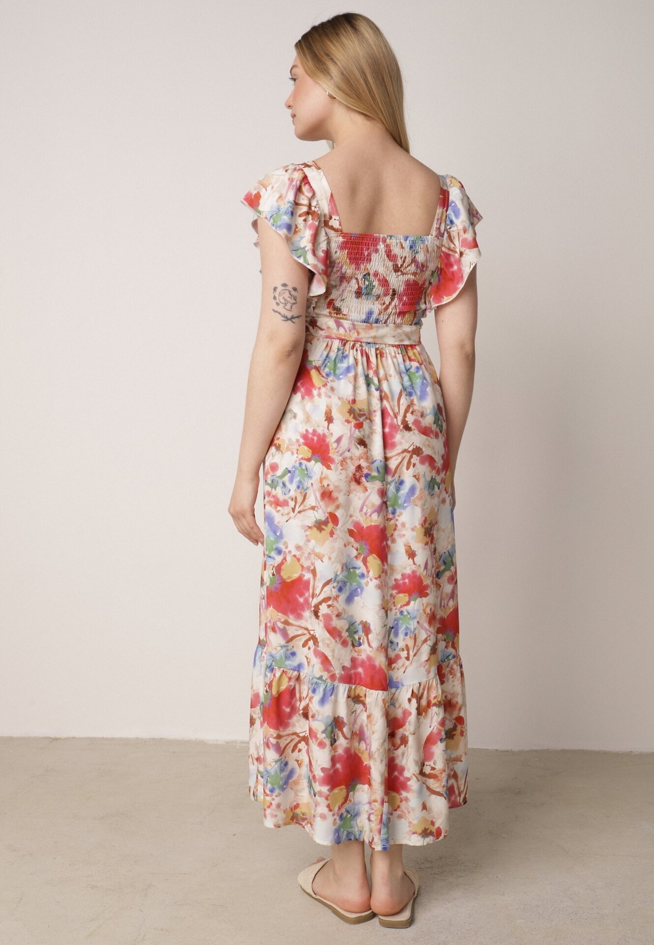 j&x Rochie Bej-Roz Vascoză cu Imprimeu Floral cu Bretele Volan și Centură din Material Moemia