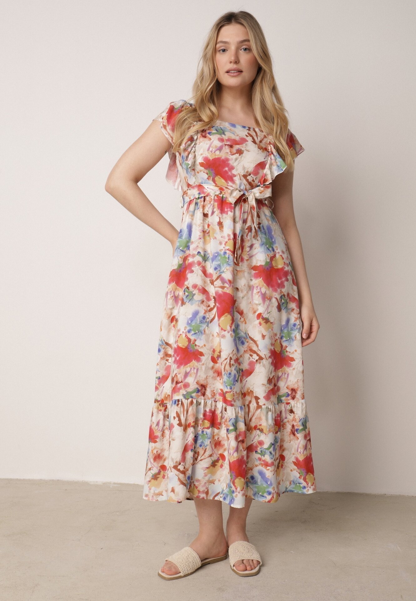 j&x Rochie Bej-Roz Vascoză cu Imprimeu Floral cu Bretele Volan și Centură din Material Moemia
