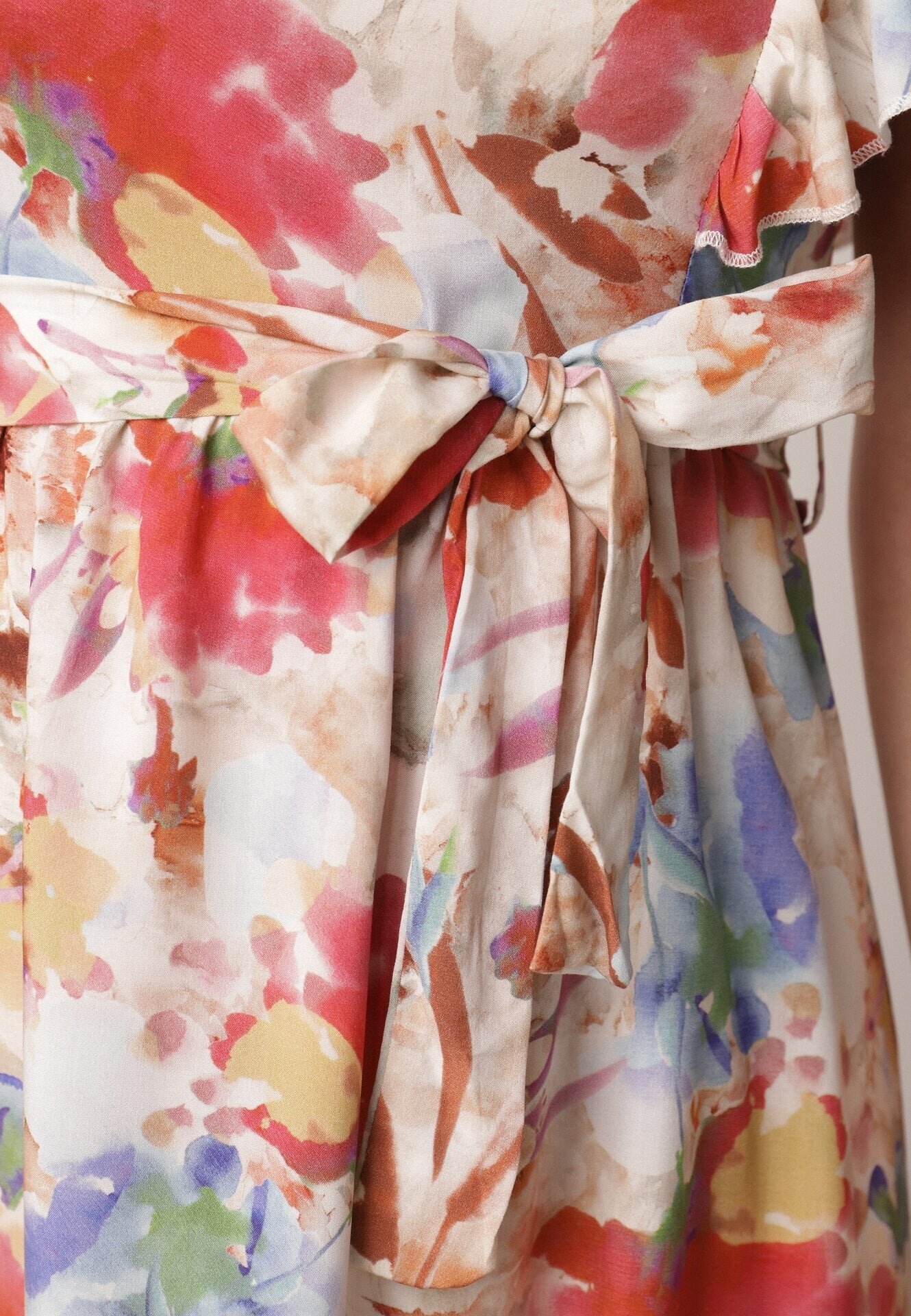j&x Rochie Bej-Roz Vascoză cu Imprimeu Floral cu Bretele Volan și Centură din Material Moemia