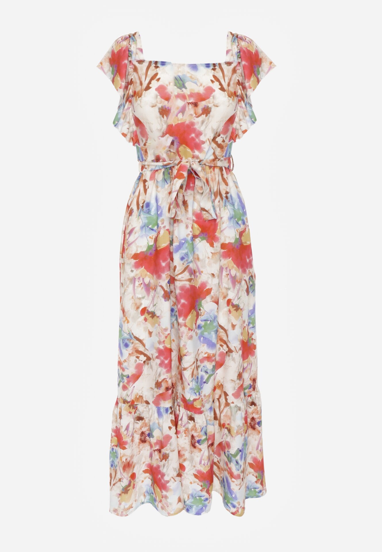 j&x Rochie Bej-Roz Vascoză cu Imprimeu Floral cu Bretele Volan și Centură din Material Moemia