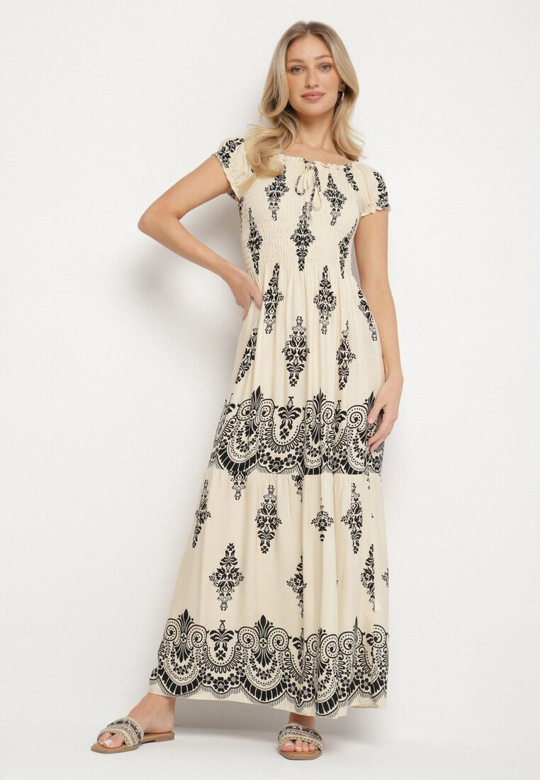 j&x Rochie Bej Vâscoză cu Top Drapat și Model Boho Ellifae