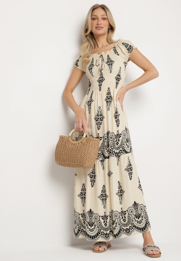 j&x Rochie Bej Vâscoză cu Top Drapat și Model Boho Ellifae