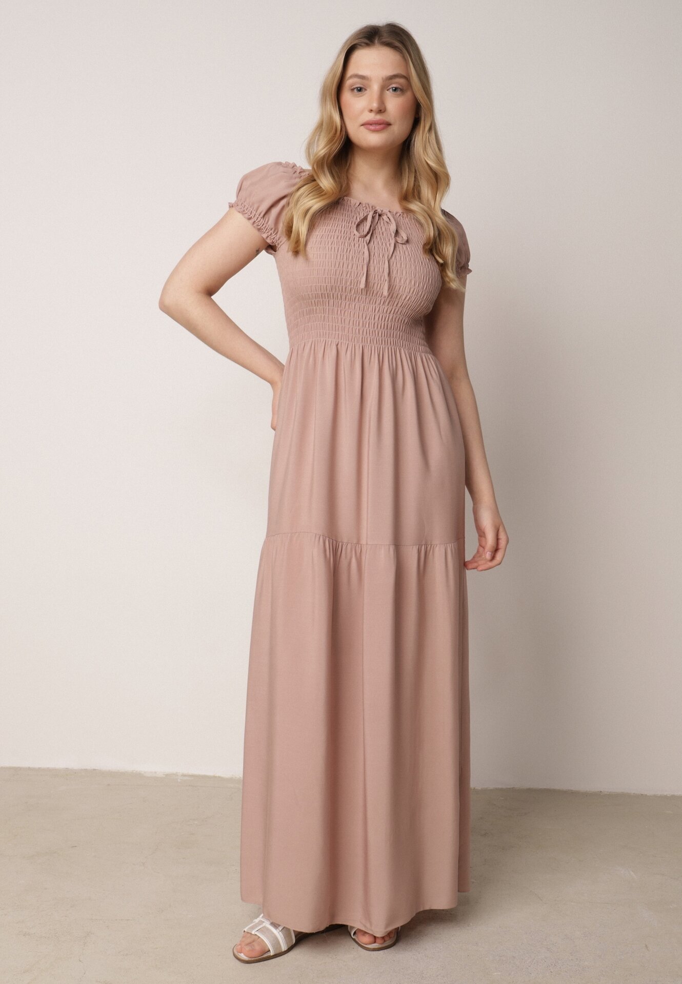 j&x Rochie Bej Viscoză Stil Spaniol Cu Top Încrețit Jenanira