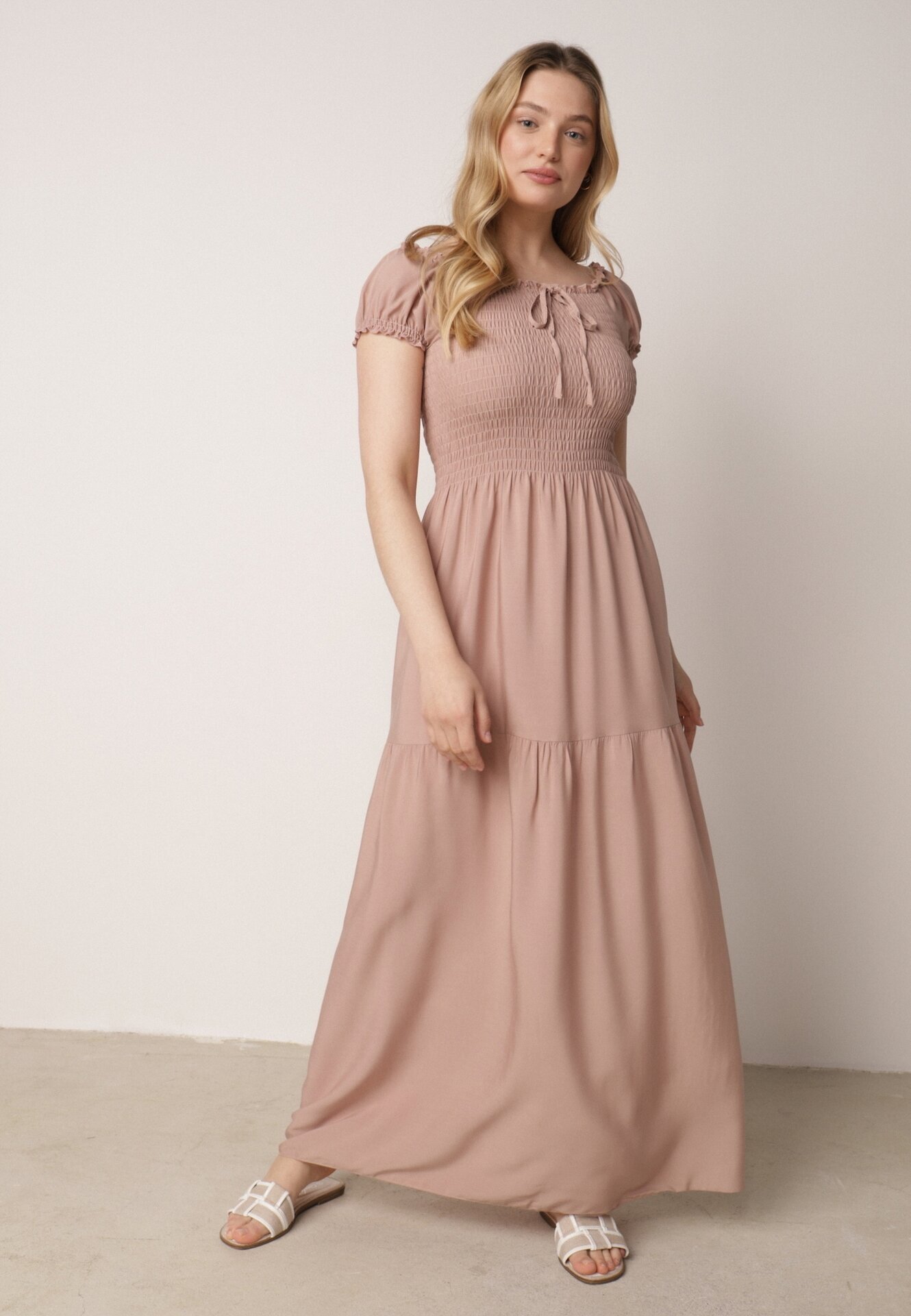 j&x Rochie Bej Viscoză Stil Spaniol Cu Top Încrețit Jenanira