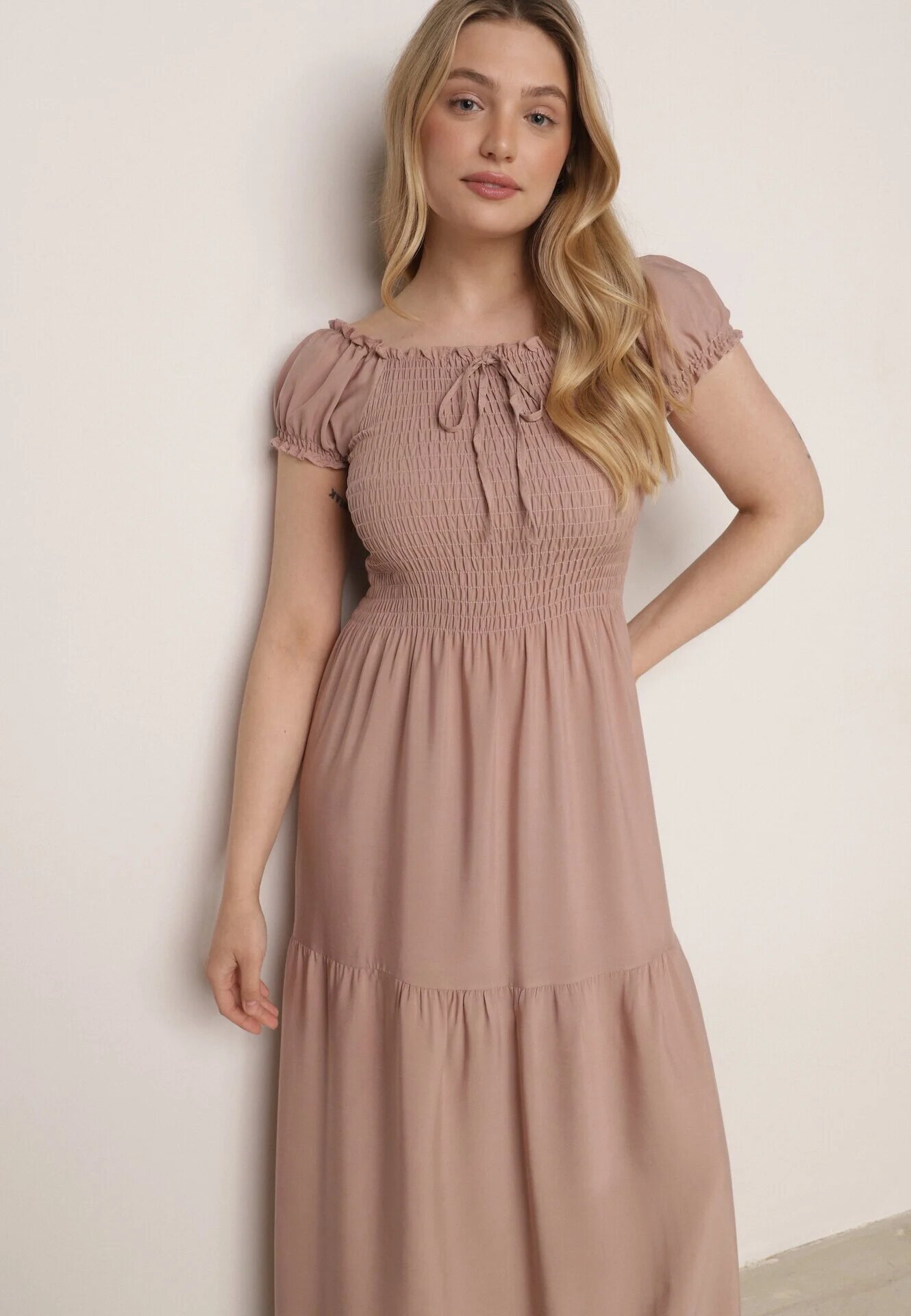j&x Rochie Bej Viscoză Stil Spaniol Cu Top Încrețit Jenanira