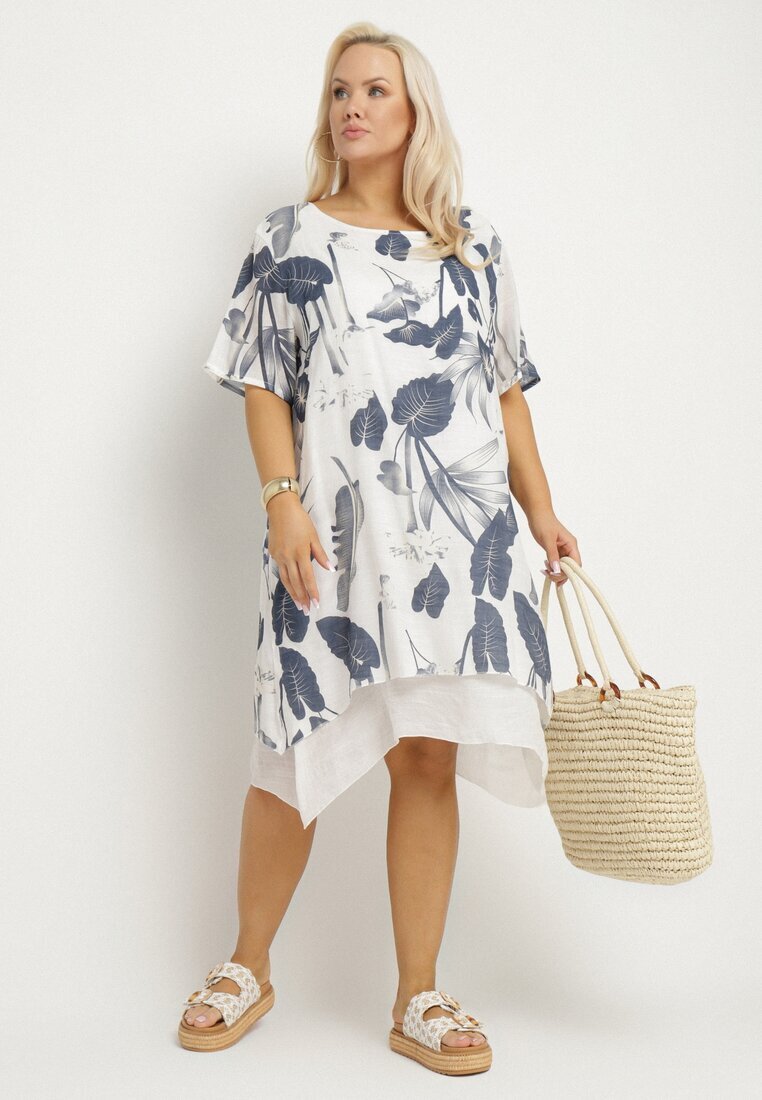 j&x Rochie Bleumarin-Albă cu Flori cu Căptușeală de Bumbac Mailionis