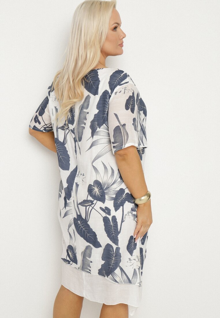j&x Rochie Bleumarin-Albă cu Flori cu Căptușeală de Bumbac Mailionis