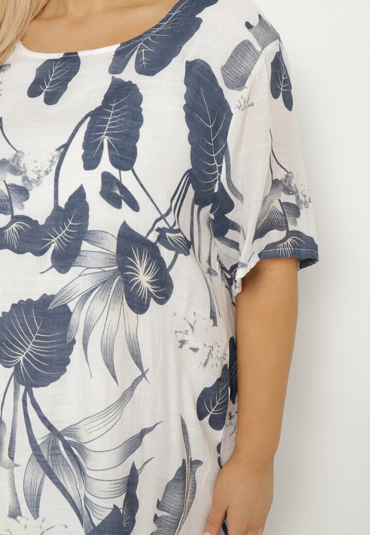 j&x Rochie Bleumarin-Albă cu Flori cu Căptușeală de Bumbac Mailionis