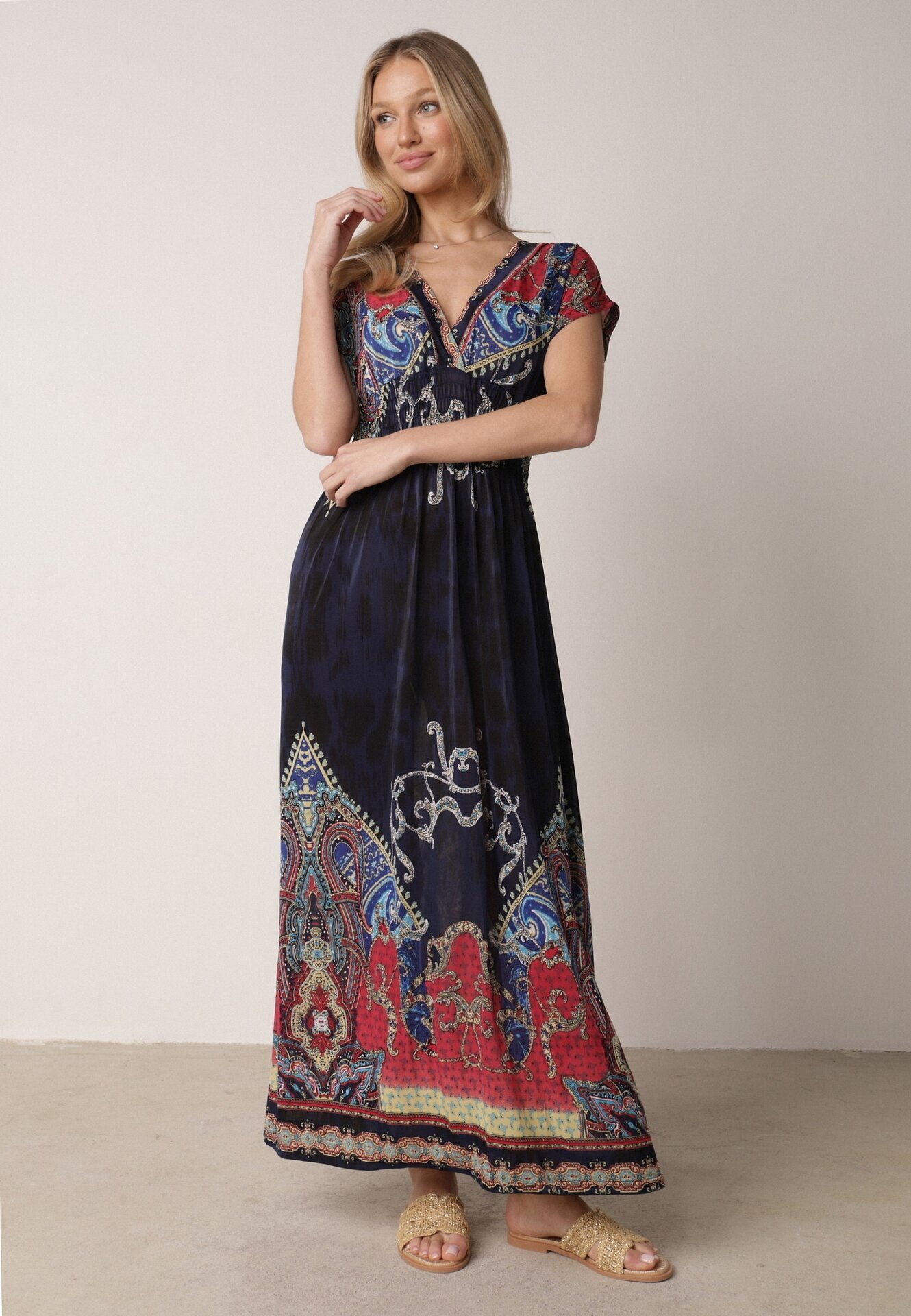j&x Rochie Bleumarin Petrecută cu Model Etnic Matanira