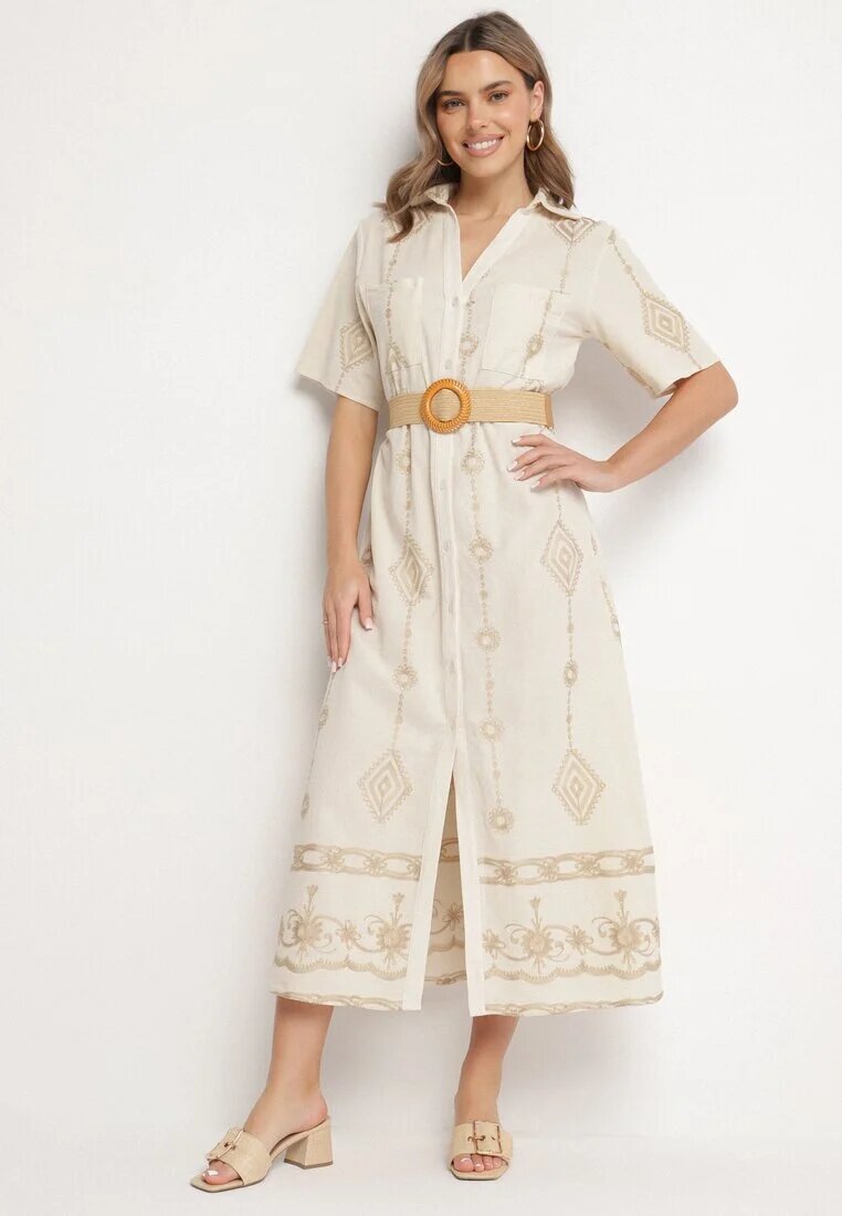 j&x Rochie Cămașă Bej din Bumbac cu Cordon Decorativ și Broderie Evialisse