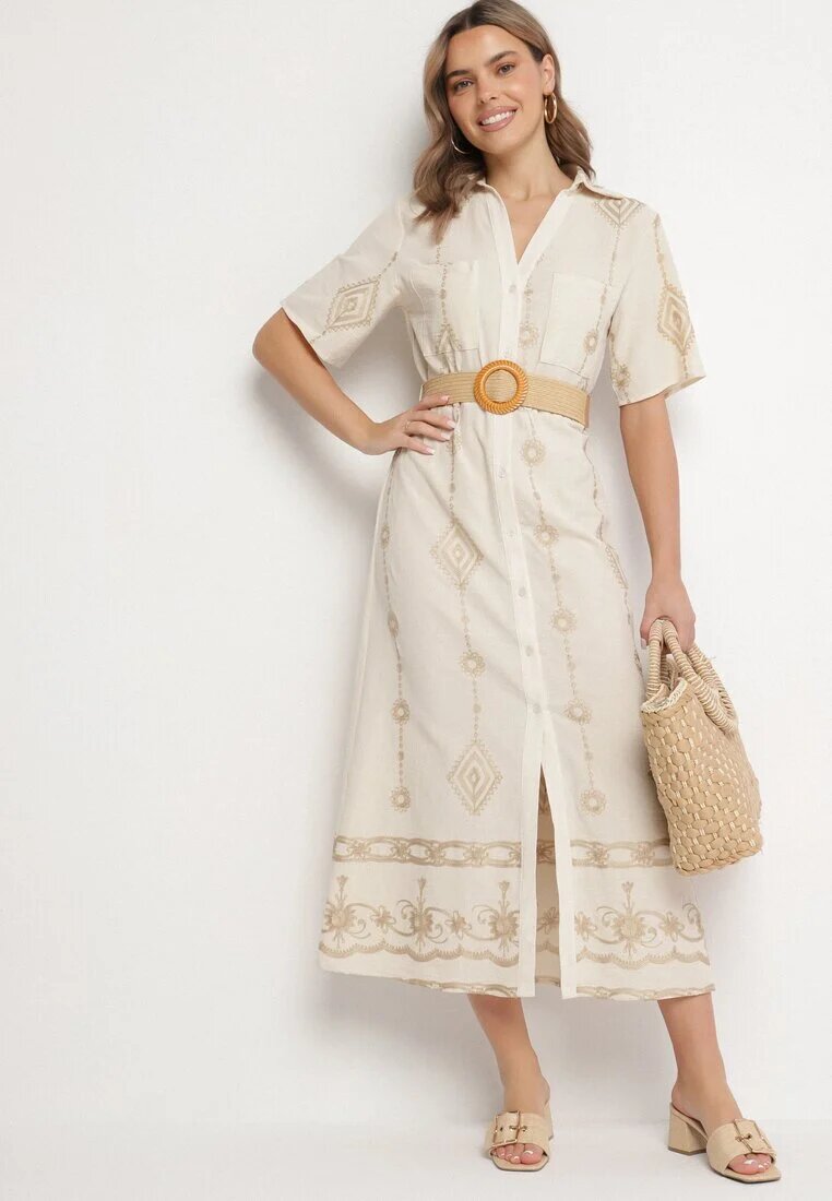 j&x Rochie Cămașă Bej din Bumbac cu Cordon Decorativ și Broderie Evialisse