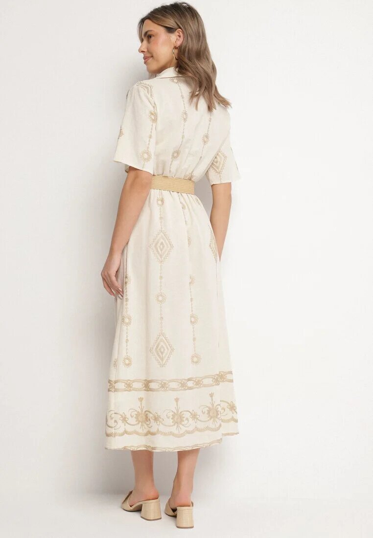 j&x Rochie Cămașă Bej din Bumbac cu Cordon Decorativ și Broderie Evialisse