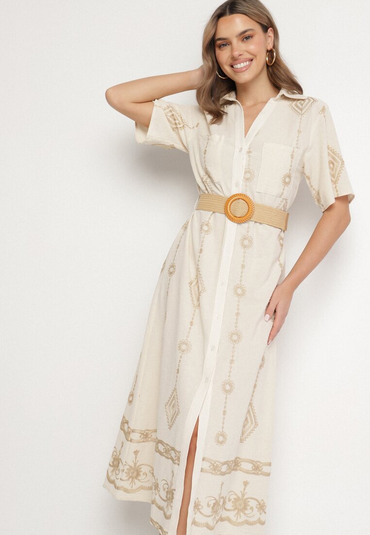 j&x Rochie Cămașă Bej din Bumbac cu Cordon Decorativ și Broderie Evialisse
