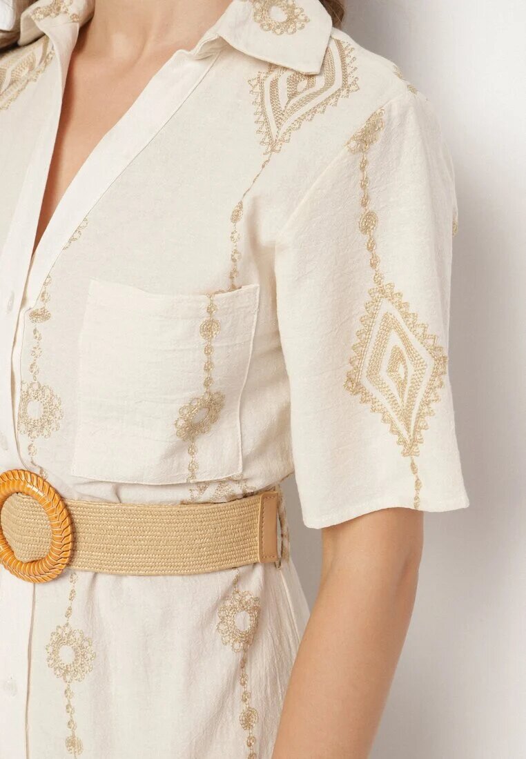 j&x Rochie Cămașă Bej din Bumbac cu Cordon Decorativ și Broderie Evialisse