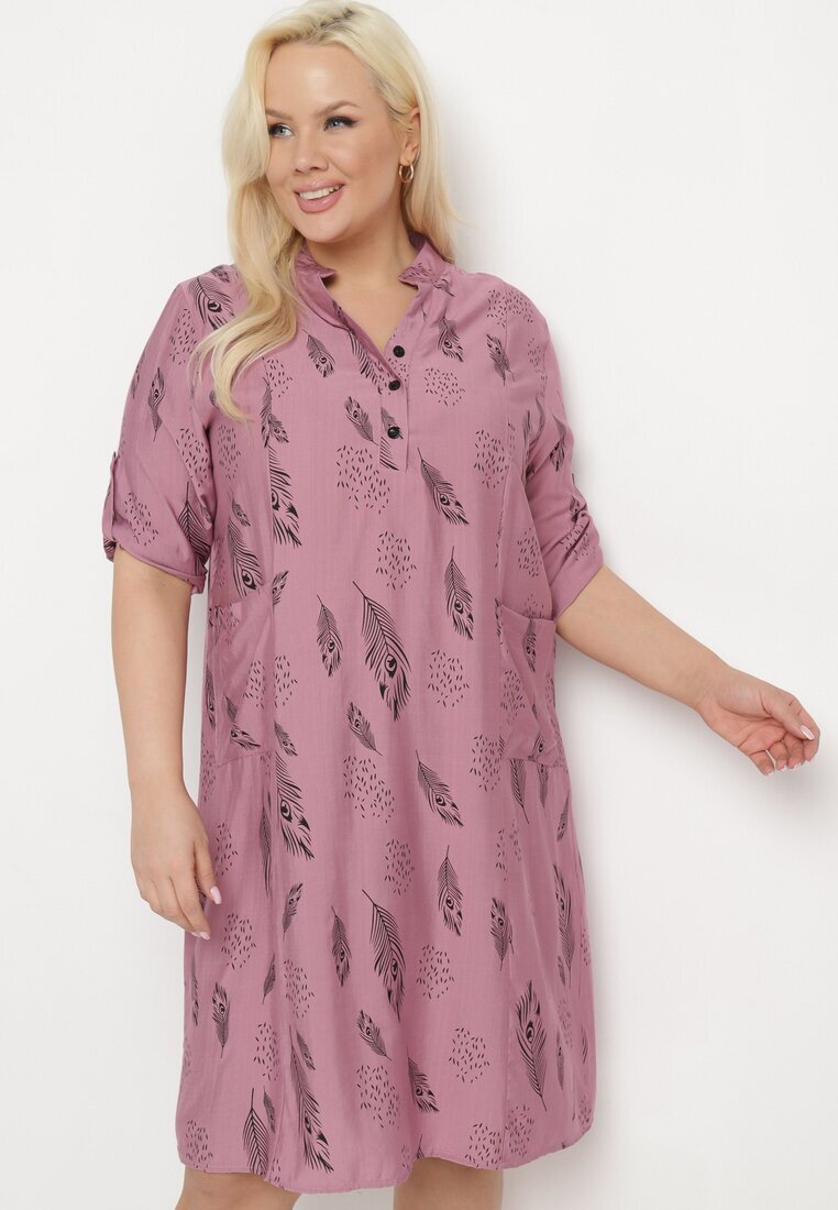 j&x Rochie-cămașă Ciemnoróżowa cu Nasturi la Decolteu cu Mâneci Suflecate Ketella