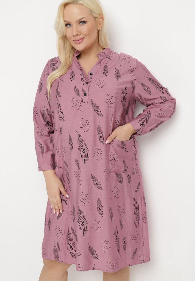j&x Rochie-cămașă Ciemnoróżowa cu Nasturi la Decolteu cu Mâneci Suflecate Ketella