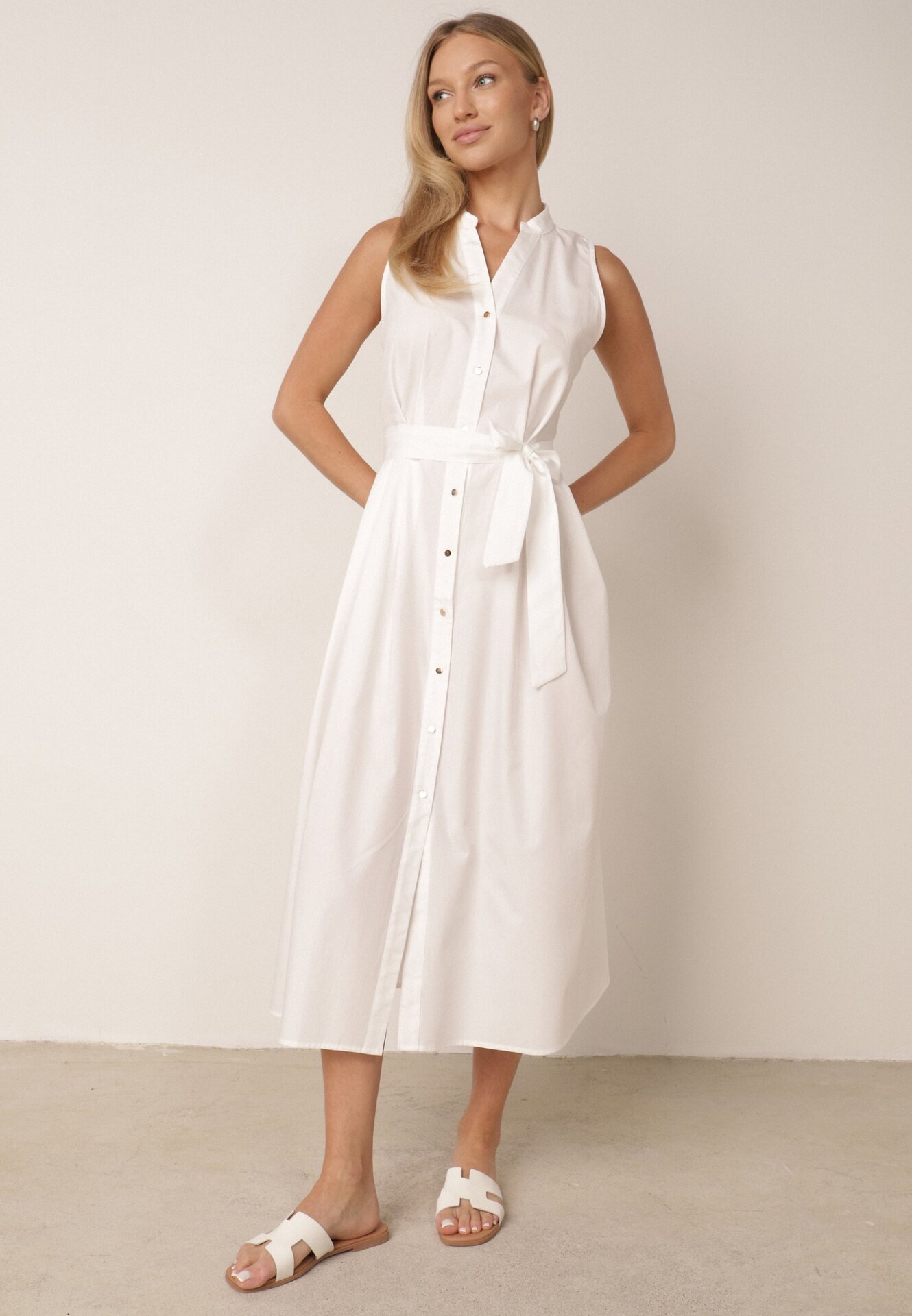 j&x Rochie-cămașă din bumbac decorată cu dungi Selantei Albă