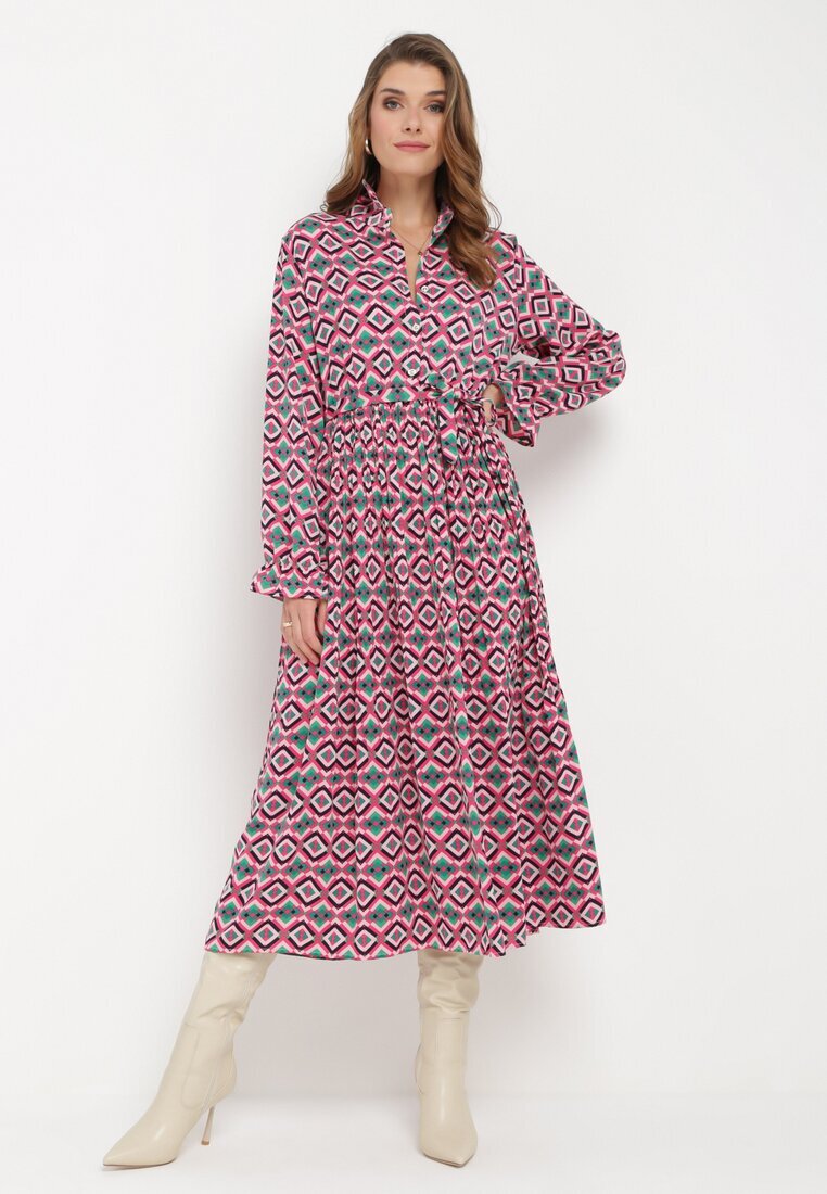 j&x Rochie-cămașă Fucsia Evazată cu Imprimeu Geometric Larissam