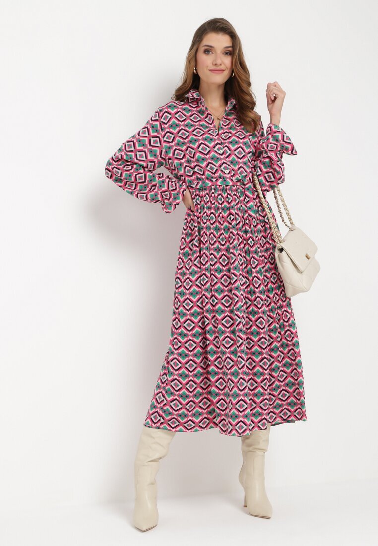 j&x Rochie-cămașă Fucsia Evazată cu Imprimeu Geometric Larissam