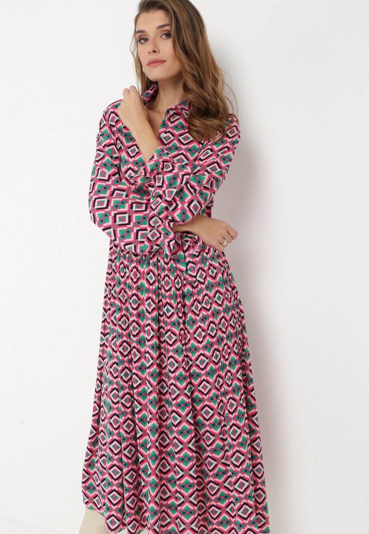 j&x Rochie-cămașă Fucsia Evazată cu Imprimeu Geometric Larissam