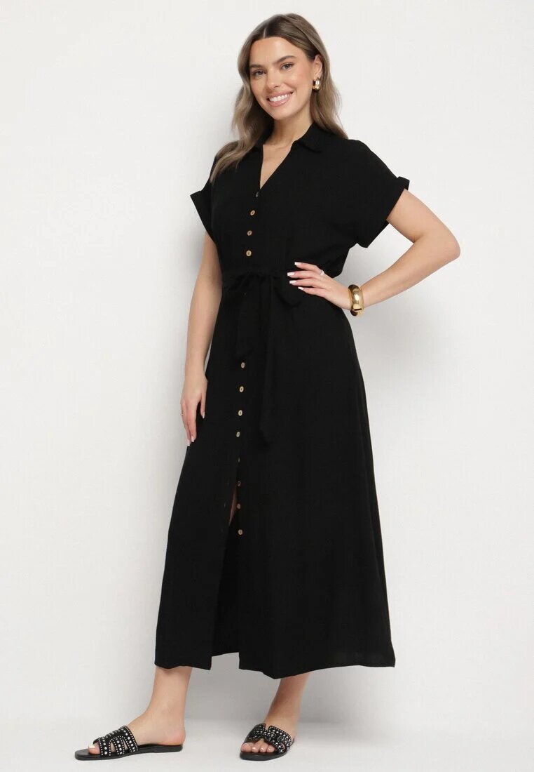 j&x Rochie Cămașă Neagră din Vâscoză și In Legată în Talie cu Buzunare Efrasira