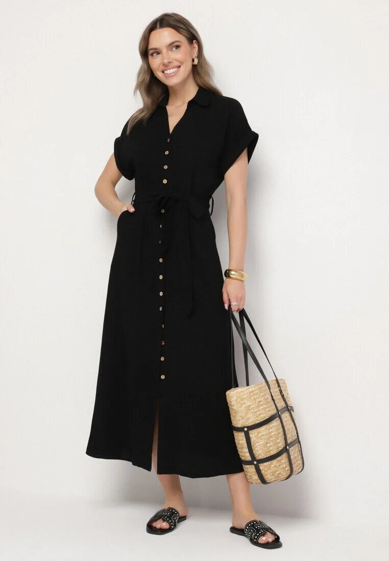 j&x Rochie Cămașă Neagră din Vâscoză și In Legată în Talie cu Buzunare Efrasira
