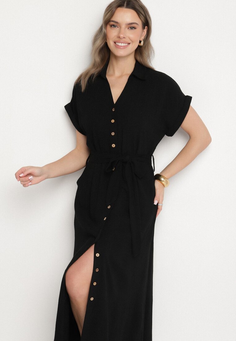 j&x Rochie Cămașă Neagră din Vâscoză și In Legată în Talie cu Buzunare Efrasira