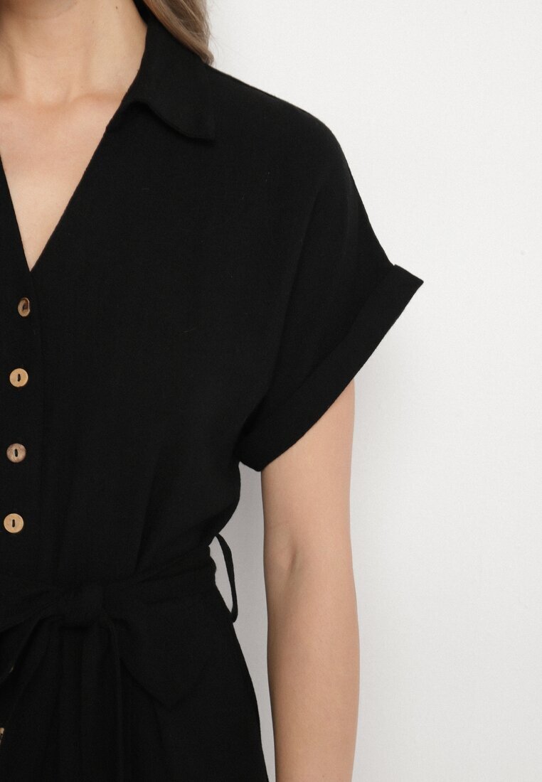 j&x Rochie Cămașă Neagră din Vâscoză și In Legată în Talie cu Buzunare Efrasira