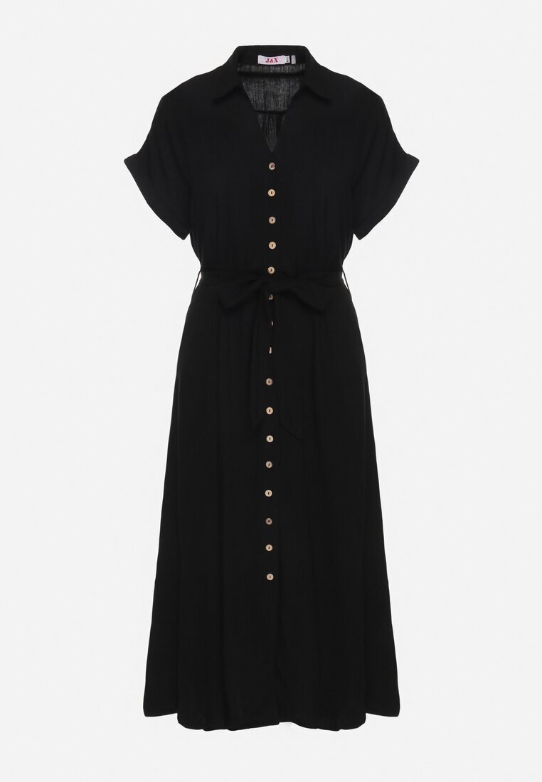 j&x Rochie Cămașă Neagră din Vâscoză și In Legată în Talie cu Buzunare Efrasira