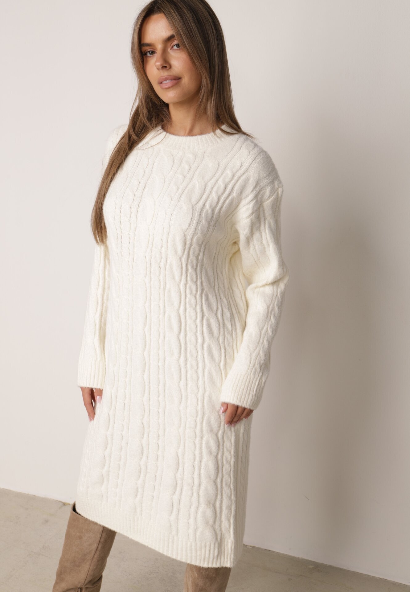 j&x Rochie clasică tricotată cu lână în relief împletit Smalt Bej deschis