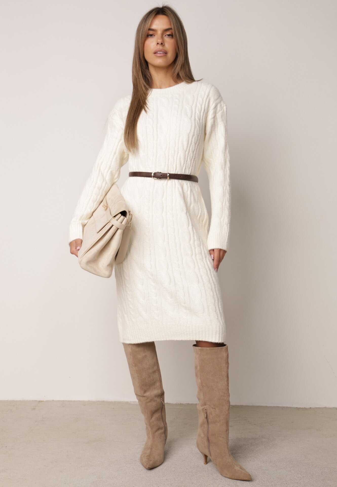 j&x Rochie clasică tricotată cu lână în relief împletit Smalt Bej deschis