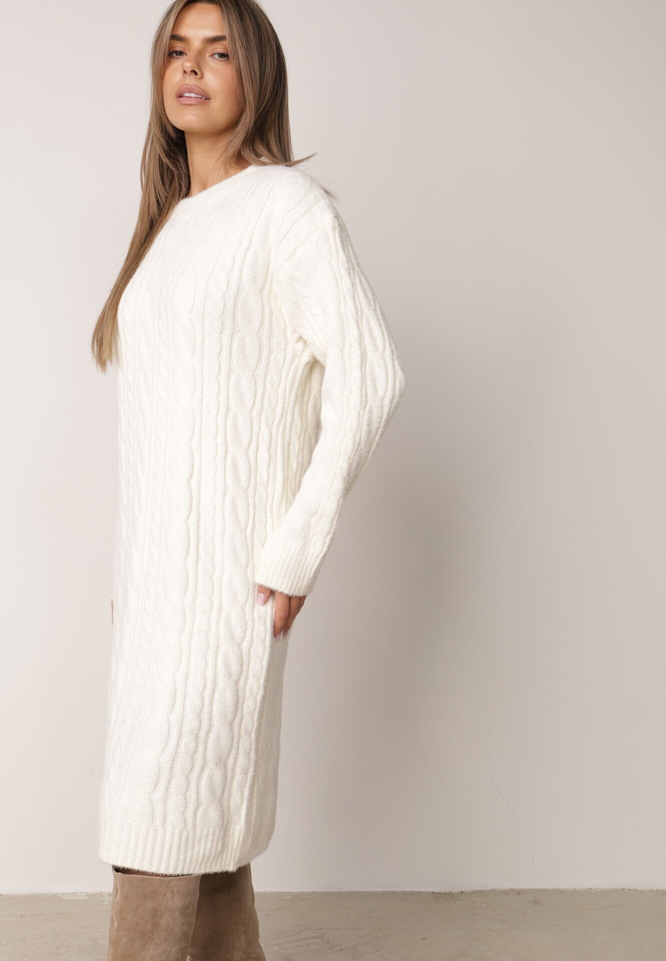 j&x Rochie clasică tricotată cu lână în relief împletit Smalt Bej deschis