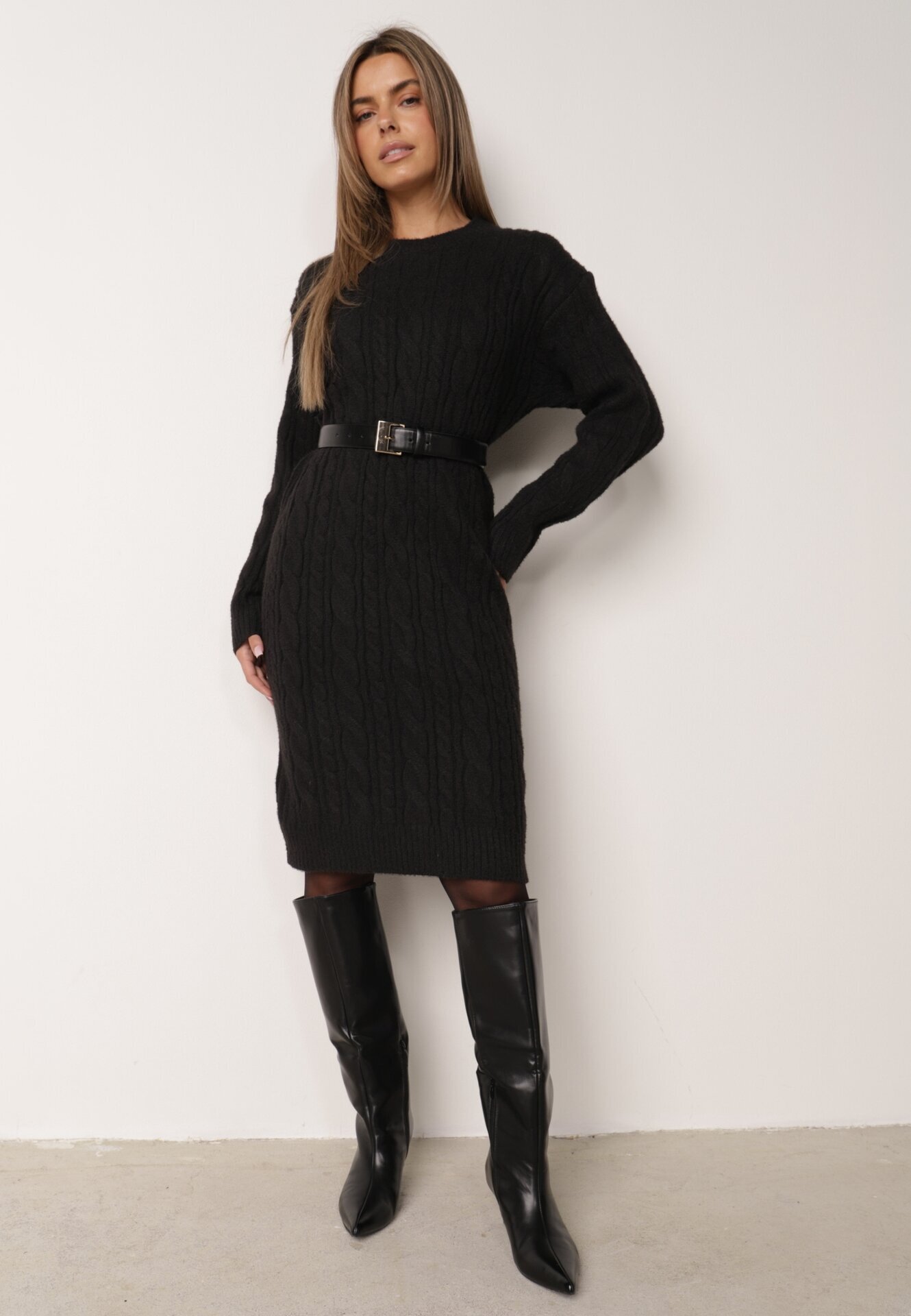 j&x Rochie clasică tricotată cu lână în relief împletit Smalt Neagră