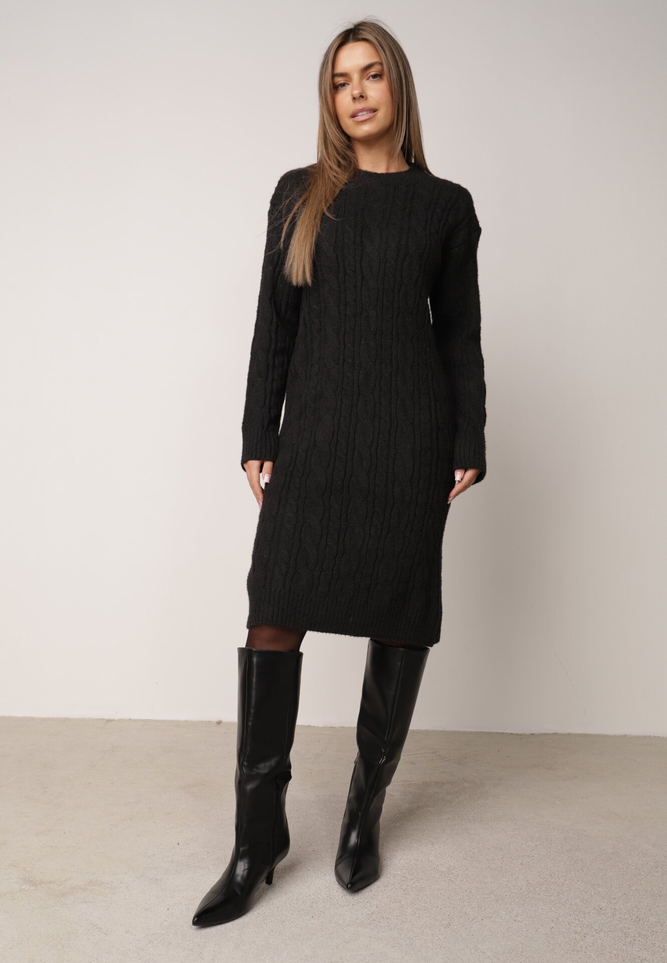 j&x Rochie clasică tricotată cu lână în relief împletit Smalt Neagră