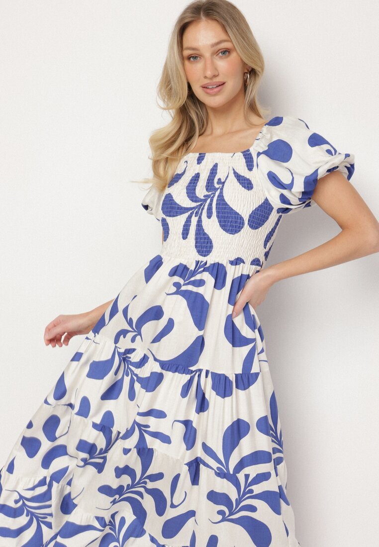 j&x Rochie Cloche Albastră cu corsaj elastic și mâneci bufante Orrivene