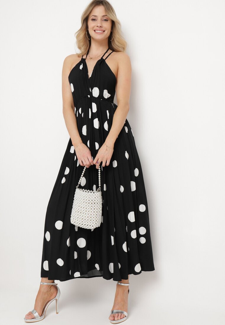 j&x Rochie Cloș Neagră din Viscoză Legată la Gât și Spate cu Elastic în Talie Jessmarie