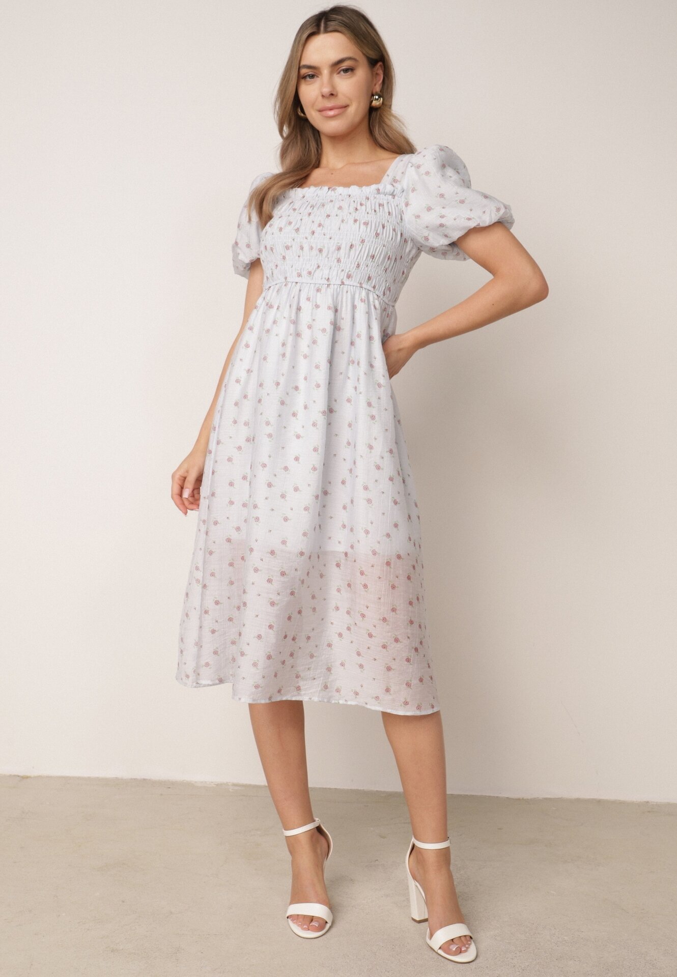 j&x Rochie cu flori din Tencel evazată cu mâneci bufante Viviare Albastră