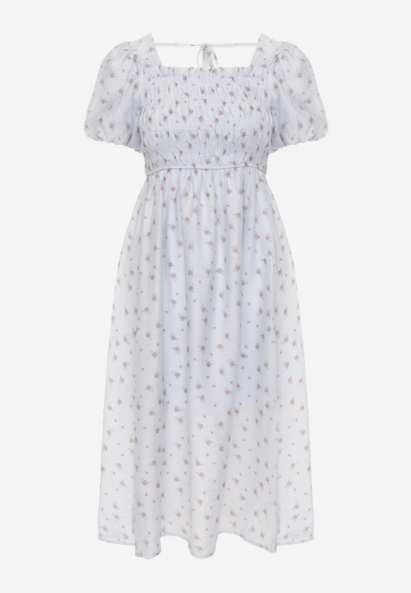 j&x Rochie cu flori din Tencel evazată cu mâneci bufante Viviare Albastră